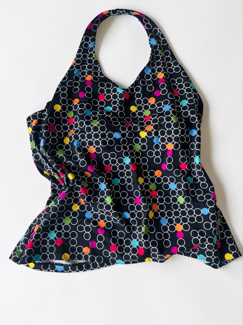 Y2K Tankini Black Multicolor Circle Print Halter Swim Top Retro Vibes Mod L